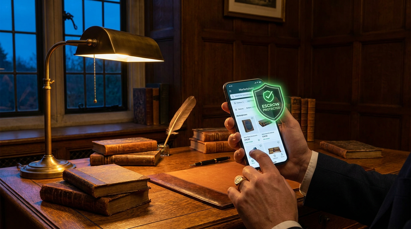 Close-up of a person browsing an antique marketplace on a smartphone, with a prominent 'Escrow Protected' badge on the screen, reflecting the secure nature of sight-unseen purchases.