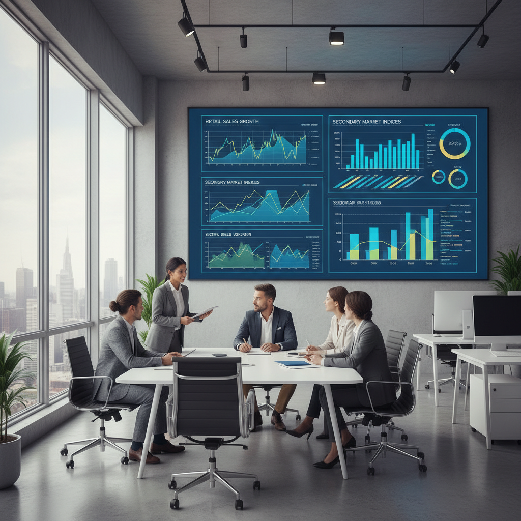 Diverse business team analyzing market trends on financial dashboards