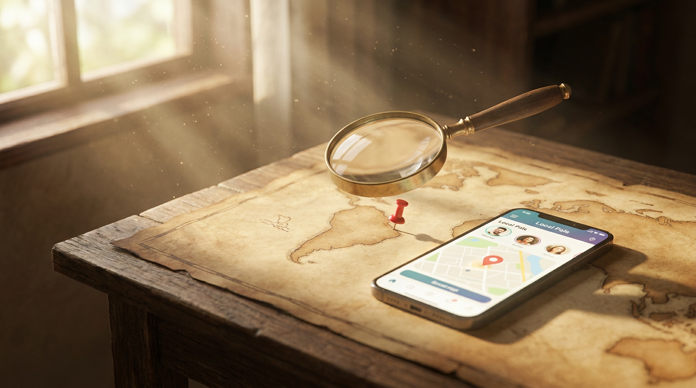 Vintage map with a magnifying glass, smartphone open to a proxy buyer app, illustrating long-distance estate sale sourcing.