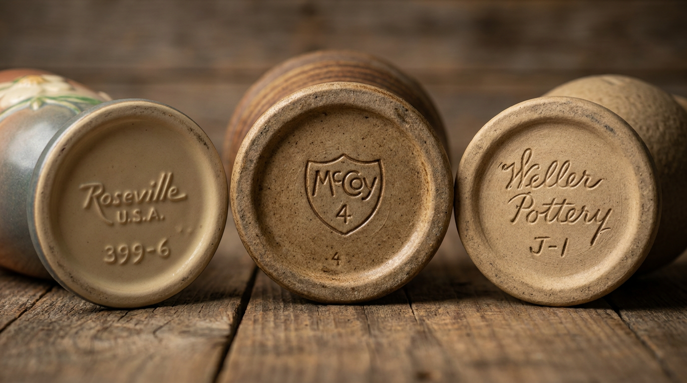 Close-up of the bases of three pottery pieces, showing distinct marks for McCoy, Roseville, and Weller.