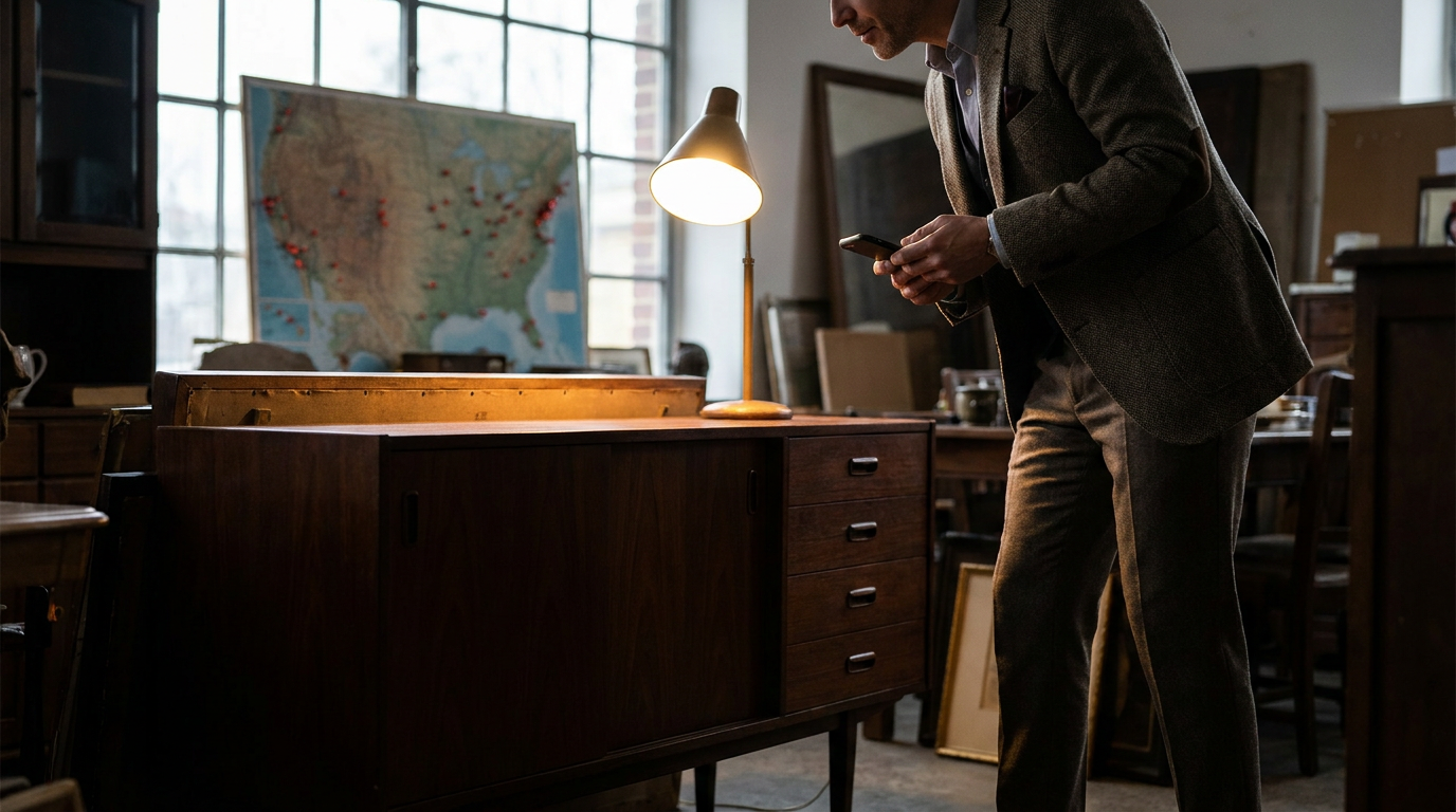 A ProxyPal examines a vintage credenza at an estate sale (with a map of the US in the background), representing nationwide proxy buying.