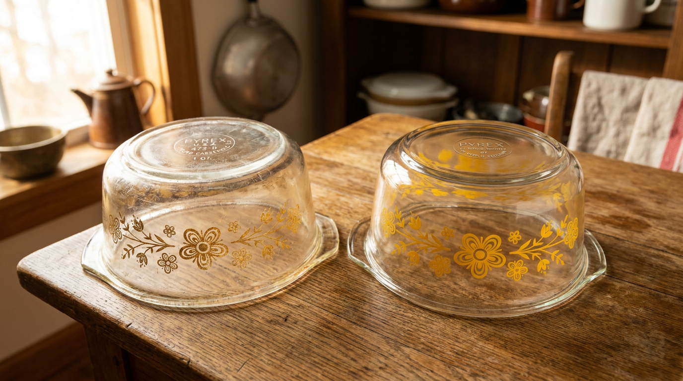 Close-up comparison of a vintage Butterfly Gold Pyrex casserole dish next to a modern Pyrex reproduction, highlighting their differences.